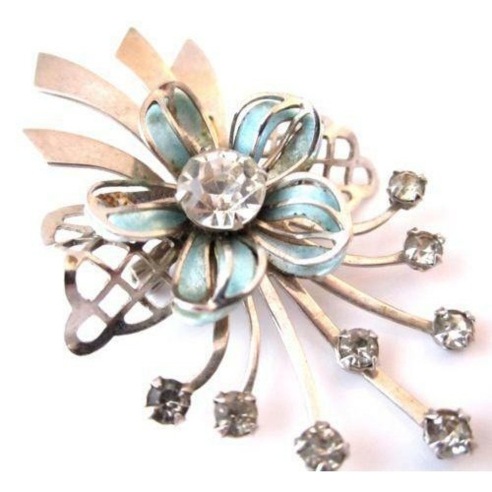 Blue Enamel Flower Burst Bouquet Vintage Rhinestone Silver Plated‎ Brooch Pin